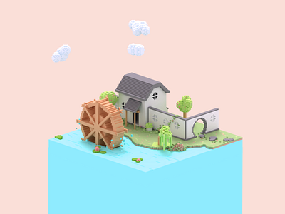Water wheel house 3d illustration pixel voxel voxelart