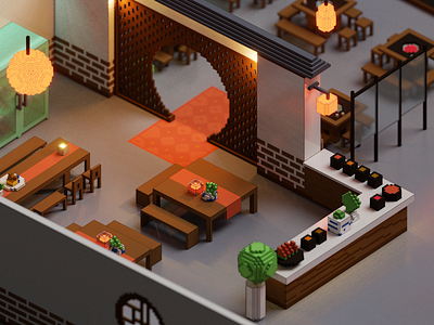 Interior - Hot Pot Restaurant gaming scene voxel voxel art