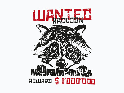 Linocut print Wanted Raccoon animal cartoon cute linocut print raccoon