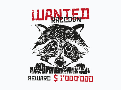 Linocut print Wanted Raccoon