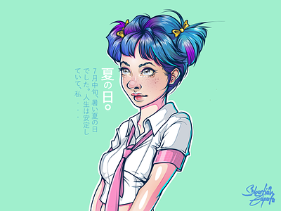 夏の日 | Natsu no hi anime blue digital draw drawing girl illustration japan manga schoolgirl shoujo sketch sketching