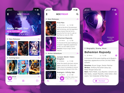 Design for a movie streaming service agency app design fun ios iphone iphone x machinery mobile movie service purple streaming streaming app ui