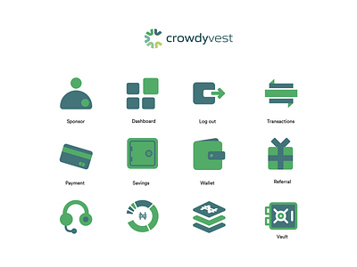 Crowdyvest Web/Mobile app Icons brand finance green icon icon design iconography illustration minimalist savings