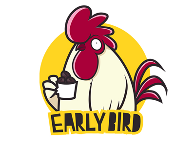 EarlyBird badge character chicken cock coffee illustration vector