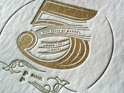 Vintage Barrel: 5th Anniversary Coasters flourishes gold ink letterpress