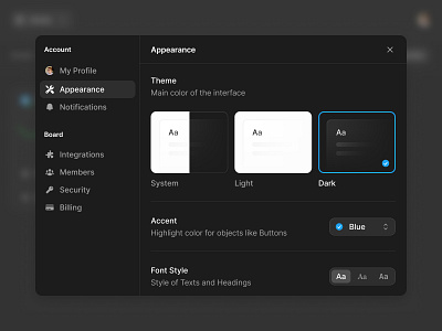 Appearance Settings Dialog appearance dark mode overlay product design profile prompt settings theme ui ux