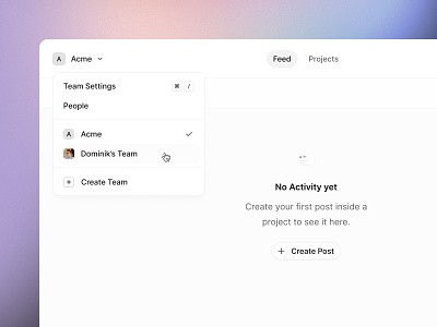 Team Switch minimal overlay product design profile settings team user