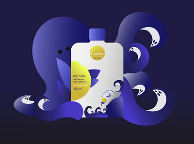 Luna | Bath Oil art artwork blue brand branding design graphic design illustration illustrator logo logo design octopus package packaging packaging box packaging design vector vector art