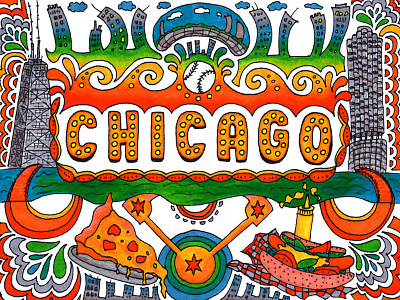 Chicago architecture art artwork cards chicago city color design drawing illustration illustrator postcard postcard design postcard project travel agency traveling typography usa