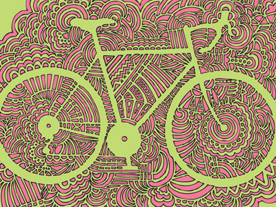 Bike Drawing Meditation (Green/Pink) abstract bike biking cycle design drawing green illustration meditation pattern pink retro