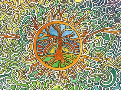 YAS (Yoga am See) Final Postcard Design abstract art chakra color drawing illustration nature paint rainbow tree watercolor yoga