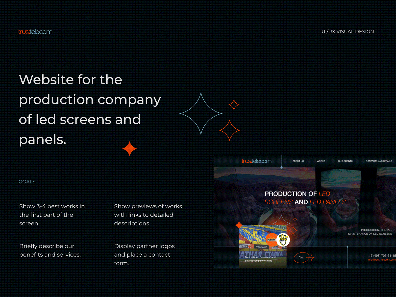 Website for the production company of led screens and panels landing led ui web site production company website