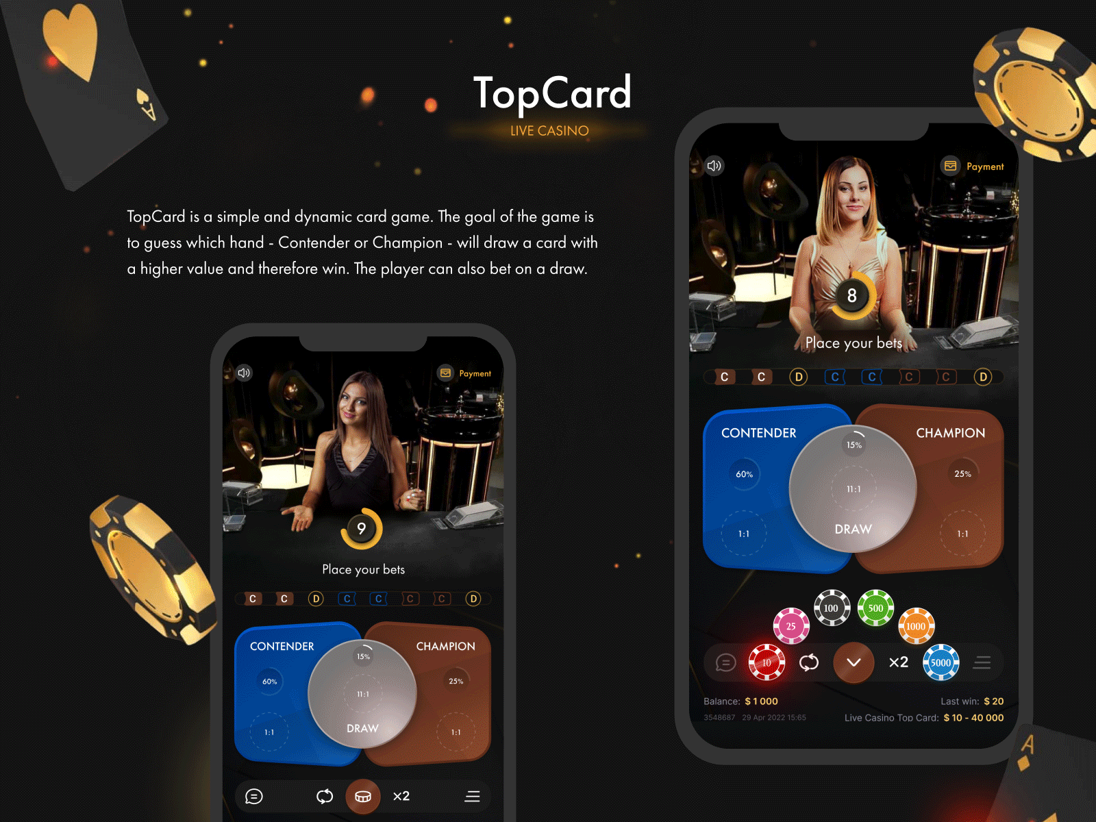Top Card Mobile Game bet bet game betting card design card game casino chip game design live card live casino live dealer mobile game mobile live casino ui