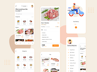 Delivery app - Meatstore chicken delivery app delivery logo delivery status fishes food meat mobile app order management seafood