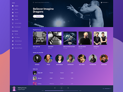 Music Player UI concept design landing love music player product songs ui website