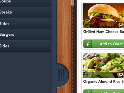 Menu Exposing Filters app book categories filters food interface ios ipad leather menu order restaurant texture ui user ux wood