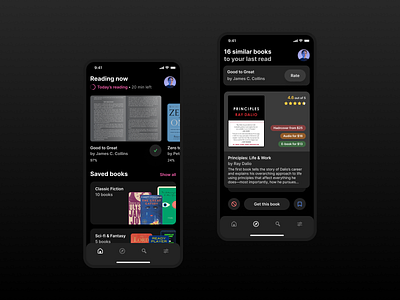Books App Concept app books card dark design ebook mobile reading recommendation ui