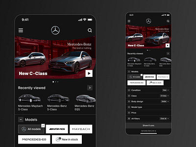 Mercedes-Benz Store app brand branding car card cars dark design ecommerce filters mercedes mercedes benz mobile online product page shop shopping store ui