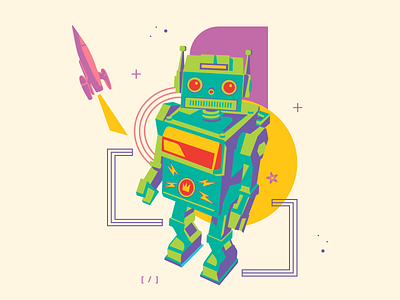Robot flat illustration retro toy robot rocket science fiction space age toy