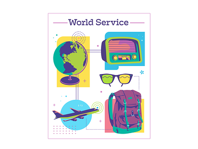 World Service airplane backpack card design flat illustration globe old radio travel ui design web design