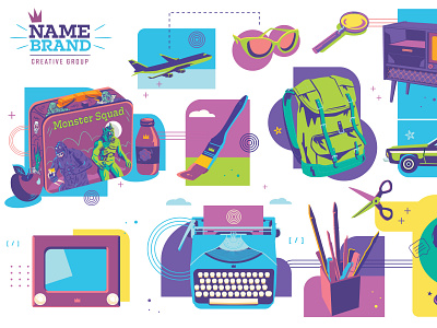 Illustration Page Banner Graphic (detail) backpack jet airliner lunch box paint brush sunglasses typewriter web graphic
