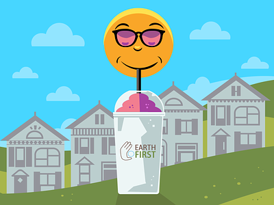 Thirsty Sun for Earth First cold cup eco friendly flat illustration houses ice cold drink recycle row houses slurpee