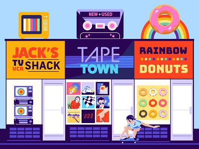 Strip Mall 1980s cassettes donuts rainbow retail store skateboarding skater strip mall television