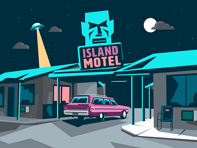 Island Motel motel night starry sky station wagon tiki ufo vacation