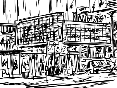 Downtown (sketch) abandoned city black and white brush art city digital ink downtown movie theatre sketch