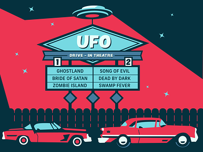 UFO Drive-In atomic age drive in movie drive in theatre monster movie old car sign