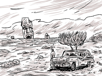 Twilight of the Idols (concept sketch) desert digital ink drawing landscape old car procreate sketch tiki