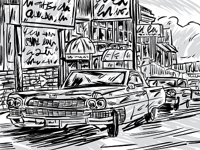 City Sketch city cityscape digital ink drawing greyscale ink line old car urban