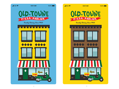 Revised Old Towne Pizza Parlor Ordering App Load Screen app blue building green hand drawn logotype loading screen pizza red ui vespa yellow