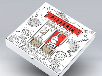 Pizzeria Box Design box cafe cartoon brush style pizza red