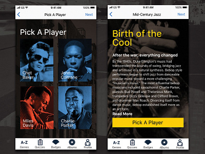 Pick A Player | Birth of the Cool charlie parker chet baker john coltrane mac os mid century jazz miles davis music app ui