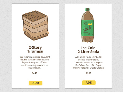 UI Cards for Pizza Ordering 2 liter dessert ice cold soda tiramisu ui card user interface