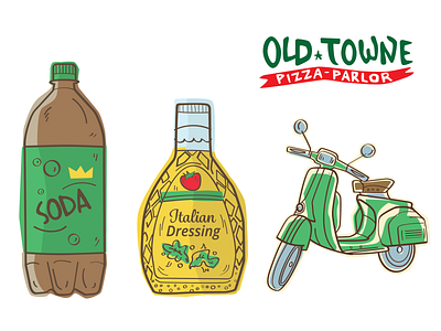 Old Towne Pizza Parlor Spot Illustrations 2 liter brush line comic style salad dressing soda spot art vespa