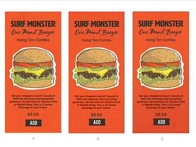 Tiki Burger Menu Screens (A B C test) burger cheese cheeseburger fastfood lettece order screen tomato uidesign
