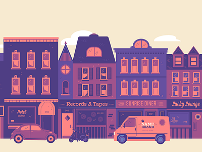 City Street (Upgrade) bug buildings city diner flat style hotel purple record shop van vespa volkswagen