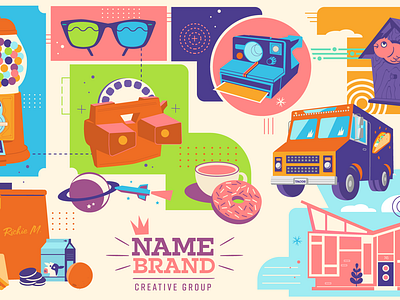 Name Brand Style Exploration agency branding bird gumball machine modern house planet polaroid rocket school lunch taco truck viewmaster