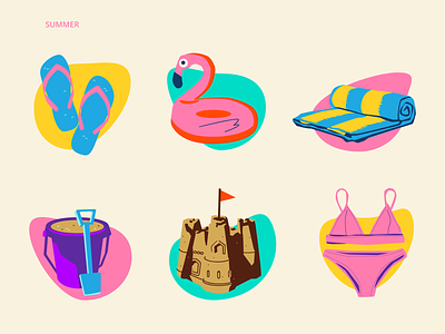 Summer Icon Set beach beach toy bikini bucket flag flamingo flip flops sandcastle summer towel