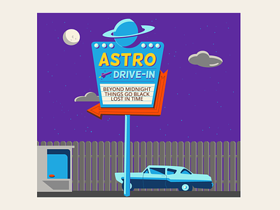 Astro Drive-In drive in movie flat style night old car old sign planet retro