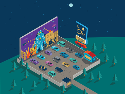 Toy Drive-In Movie drive in isometric illustration night robot robot attack science fiction starry night