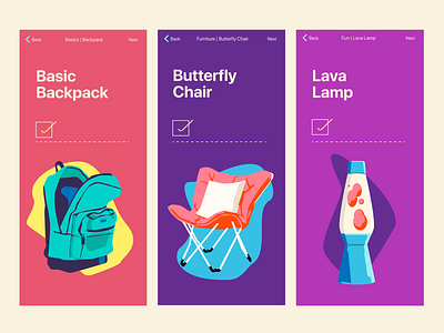 Off To College (Screens) backpack butterfly chair college dorm lava lamp list order app ui ux