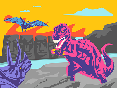 Mesozoic Showdown dinosaur flat illustration prehistoric tiki