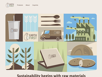 About Page for Earth First cup eco friendly flat illustration raw materials recycle sustainability web design