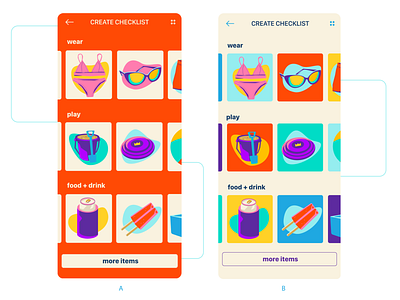 Beach Checklist App Screens (A/B Test) beach bikini frisbee mobile screens popsicle sunglasses uidesign user interface