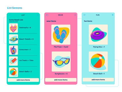 List Screens (Beach Checklist App) Color Remix beach ball bikini frisbee ice pop mobile design popsicle sunglasses towels uidesign