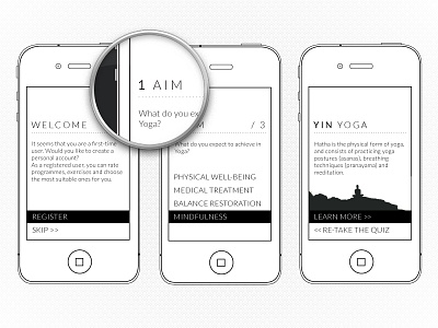 Clean & minimal yoga app wireframe app black clean crisp delight duotone interaction ios iphone minimal questionnaire quiz silhouette spiritual steps typography user experience ux welcome white wireframe yoga zen