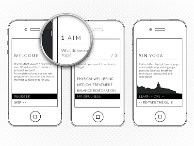 Clean & minimal yoga app wireframe